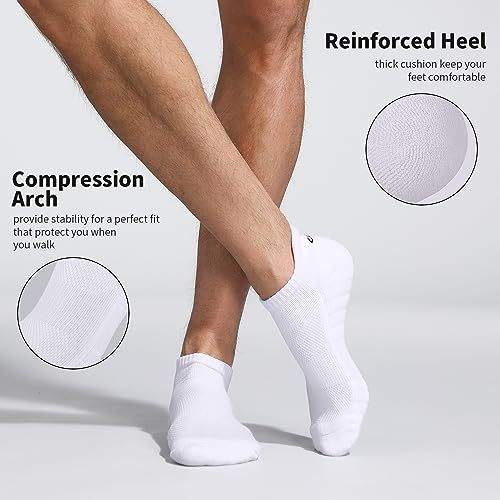 Highlights the sock's key structural features—compression arch for stability and reinforced heel for cushioning—to communicate comfort and support benefits to shoppers.