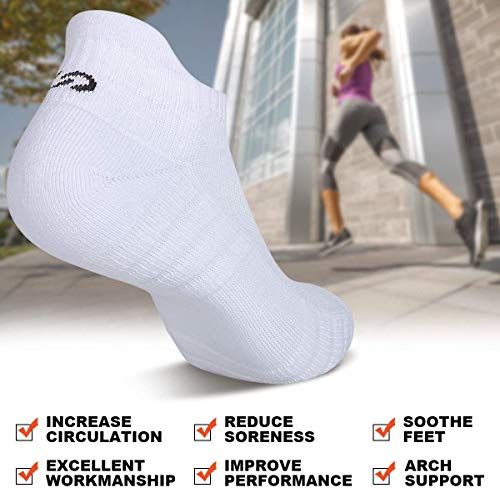 Communicates six distinct benefits of the athletic sock in a segmented layout with checkmarks, reassuring shoppers of comprehensive foot support and performance enhancement.