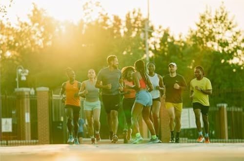Demonstrates the product in a real-world active lifestyle context, showing a group of people running together outdoors to help shoppers visualize the product in use.