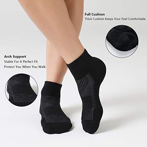 Highlights the sock's key structural features—arch support and thick cushioning—to reassure shoppers about comfort and stability during wear. Communicates multiple distinct benefits (arch support…