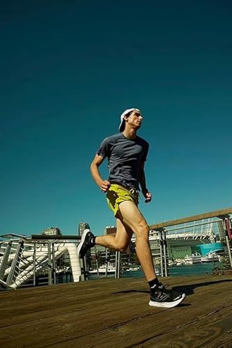 Demonstrates the product in a real-world outdoor athletic setting to show its suitability for active lifestyles and running.