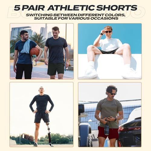 Demonstrates the product's versatility by showing the athletic shorts being worn in multiple different real-world scenarios (basketball, beach, outdoor fitness, casual wear), reassuring shoppers…