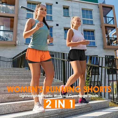Demonstrates the product in a real-world fitness context, showing two women running outdoors in an urban setting to help shoppers visualize the shorts in use during athletic activities.