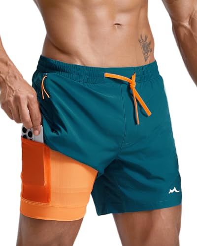 Highlights the functional waterproof pocket feature on the shorts, showing shoppers where they can safely store their phone or valuables while swimming or exercising.