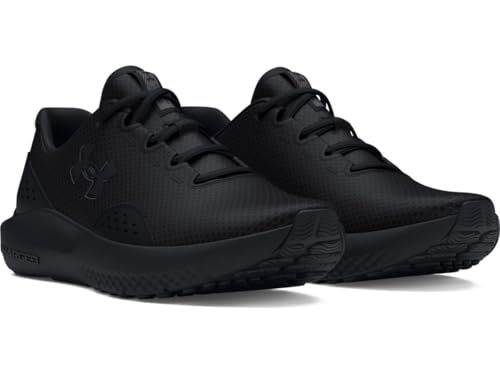 Provides a clean, catalog-style view of the black athletic shoes to show the product clearly without distractions.