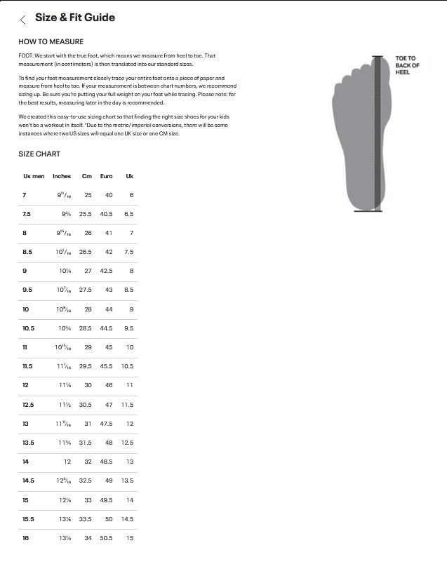 Provides detailed instructions on how to measure foot size and a comprehensive size conversion chart to help shoppers select the correct shoe size across different measurement systems.