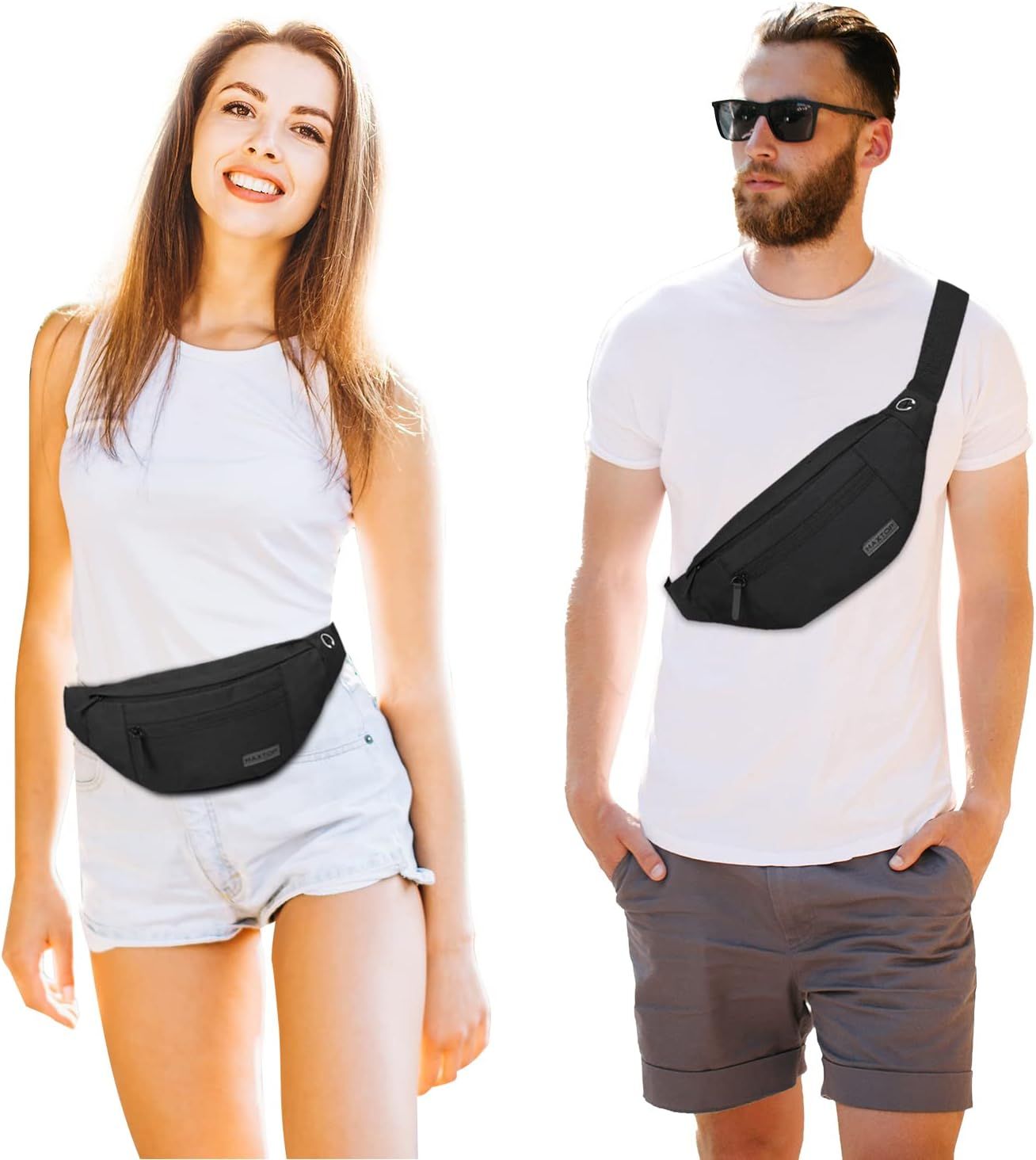 Demonstrates the product being worn in a real-world lifestyle context by both male and female models to show its versatility and appeal across genders.