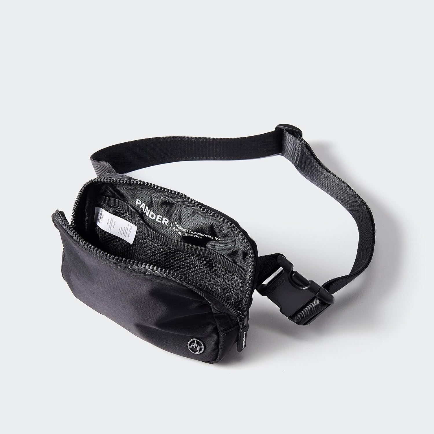 Provides a clean, catalog-style view of the fanny pack with its strap and buckle visible, showing the product's form and how it's worn.