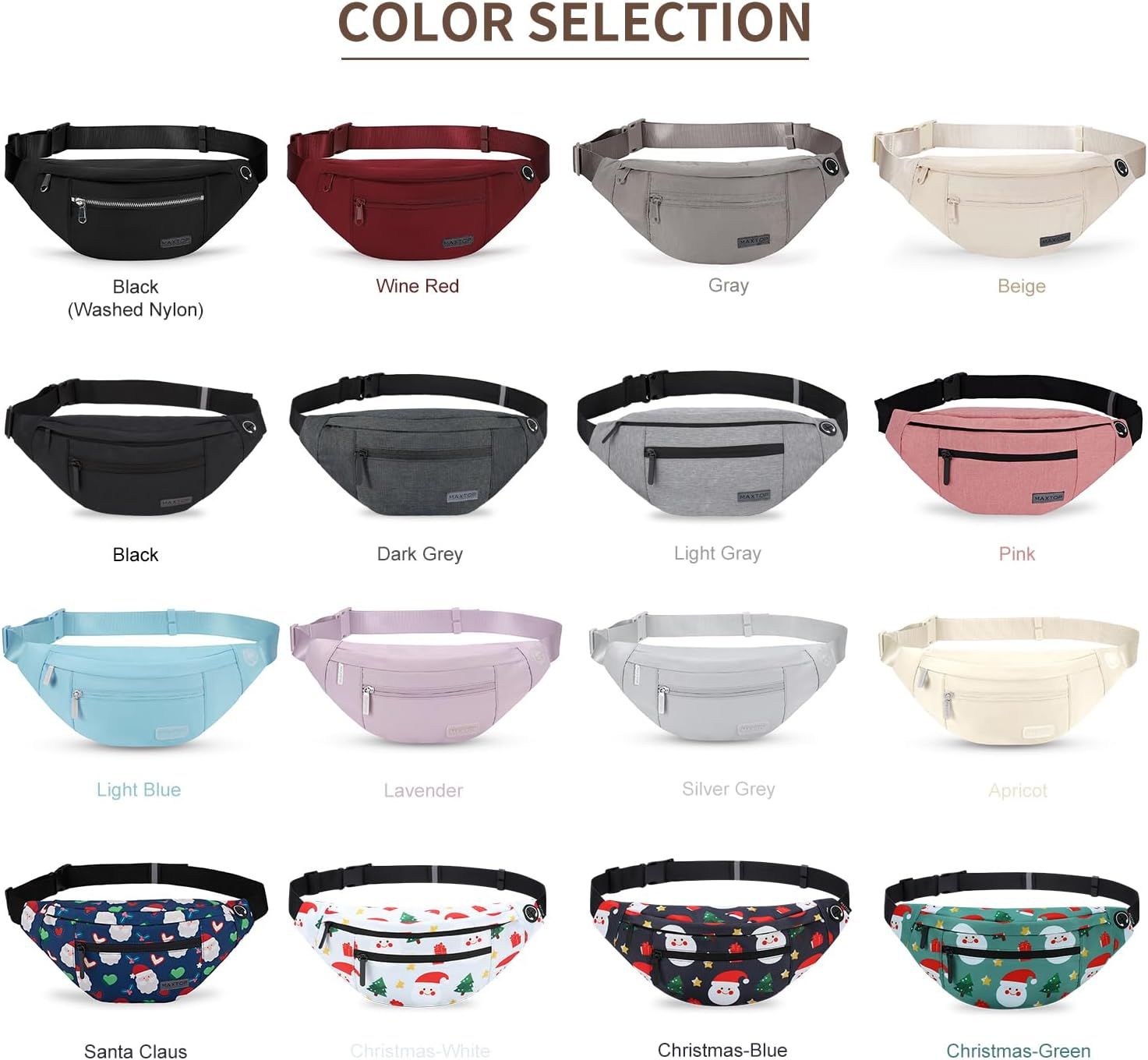 Displays the full range of color and pattern options available for this fanny pack, helping shoppers choose their preferred style and understand the brand's product variety.