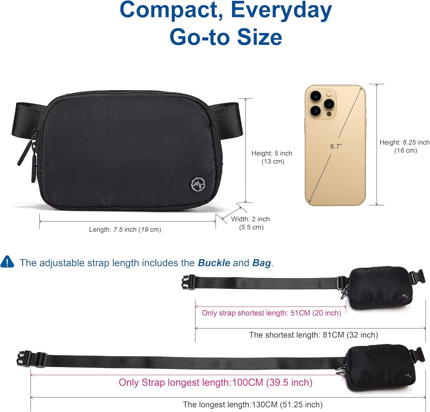 Communicates the exact physical dimensions of the bag and its adjustable strap, using a smartphone as a scale reference to help shoppers understand the compact size and portability.