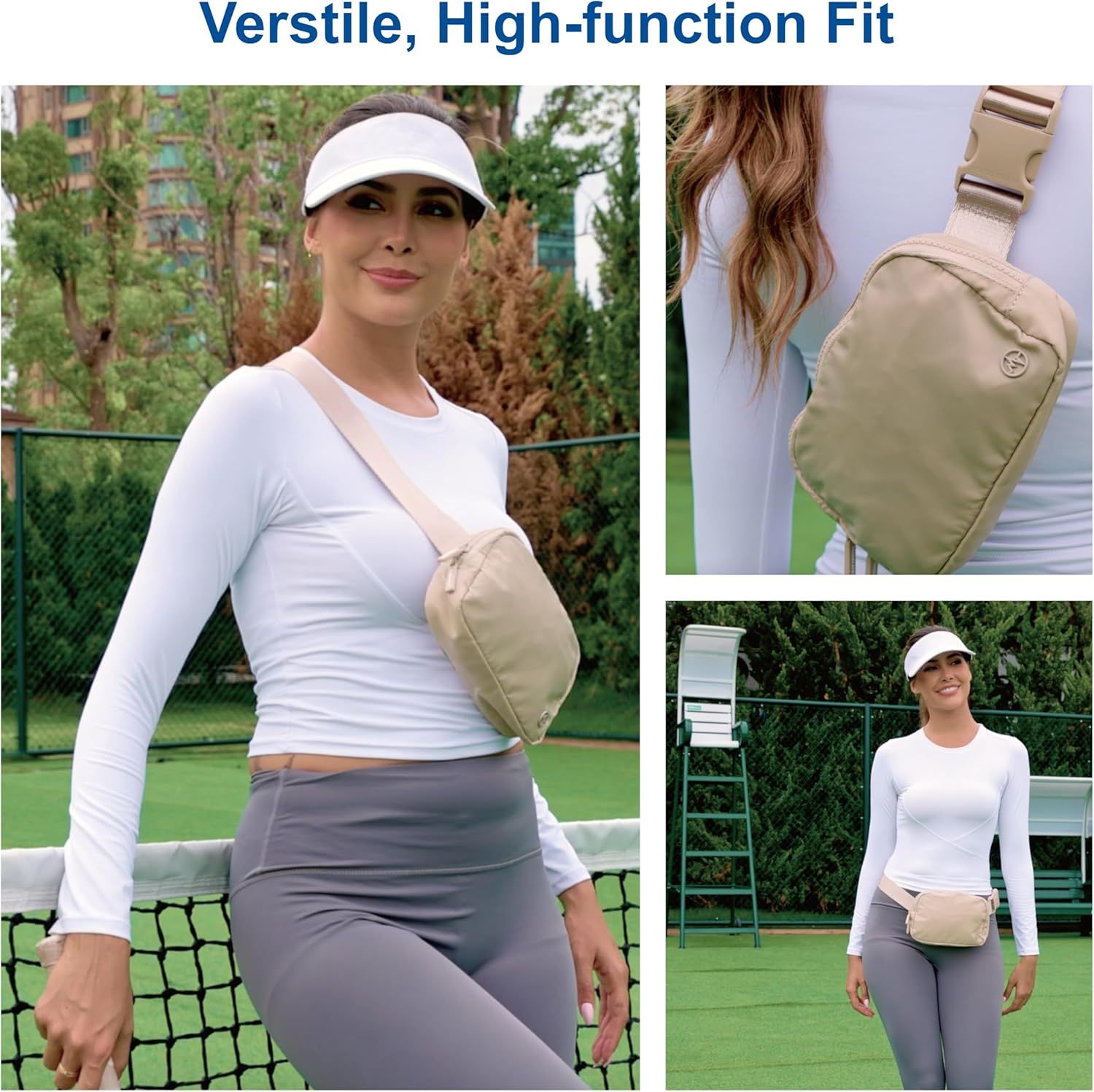 Demonstrates the product's versatility by showing multiple ways to wear the bag (crossbody, waist pack, different positions), reassuring shoppers of its adaptability to different activities and…