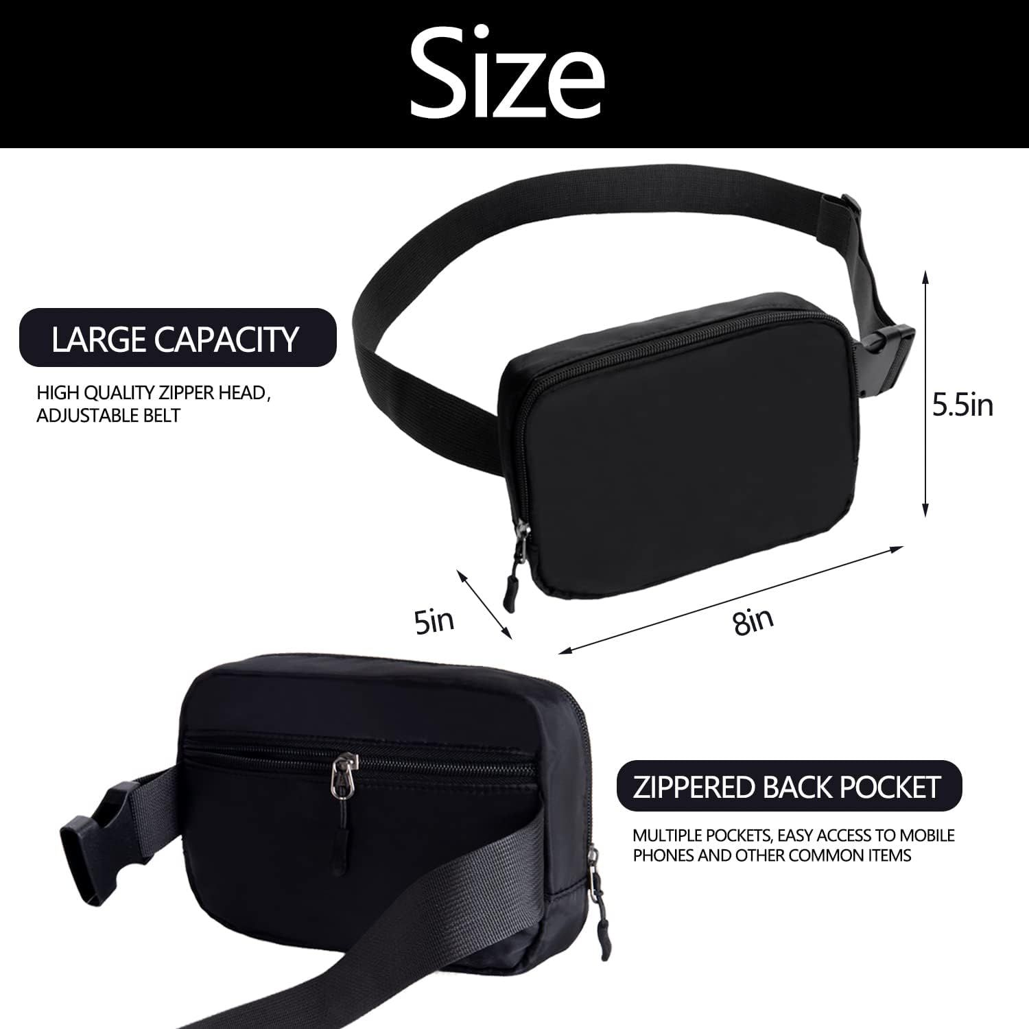 Communicates the exact physical dimensions of the fanny pack (8in x 5.5in x 5in) to help shoppers understand the size and capacity, while also highlighting the large capacity and quality features…