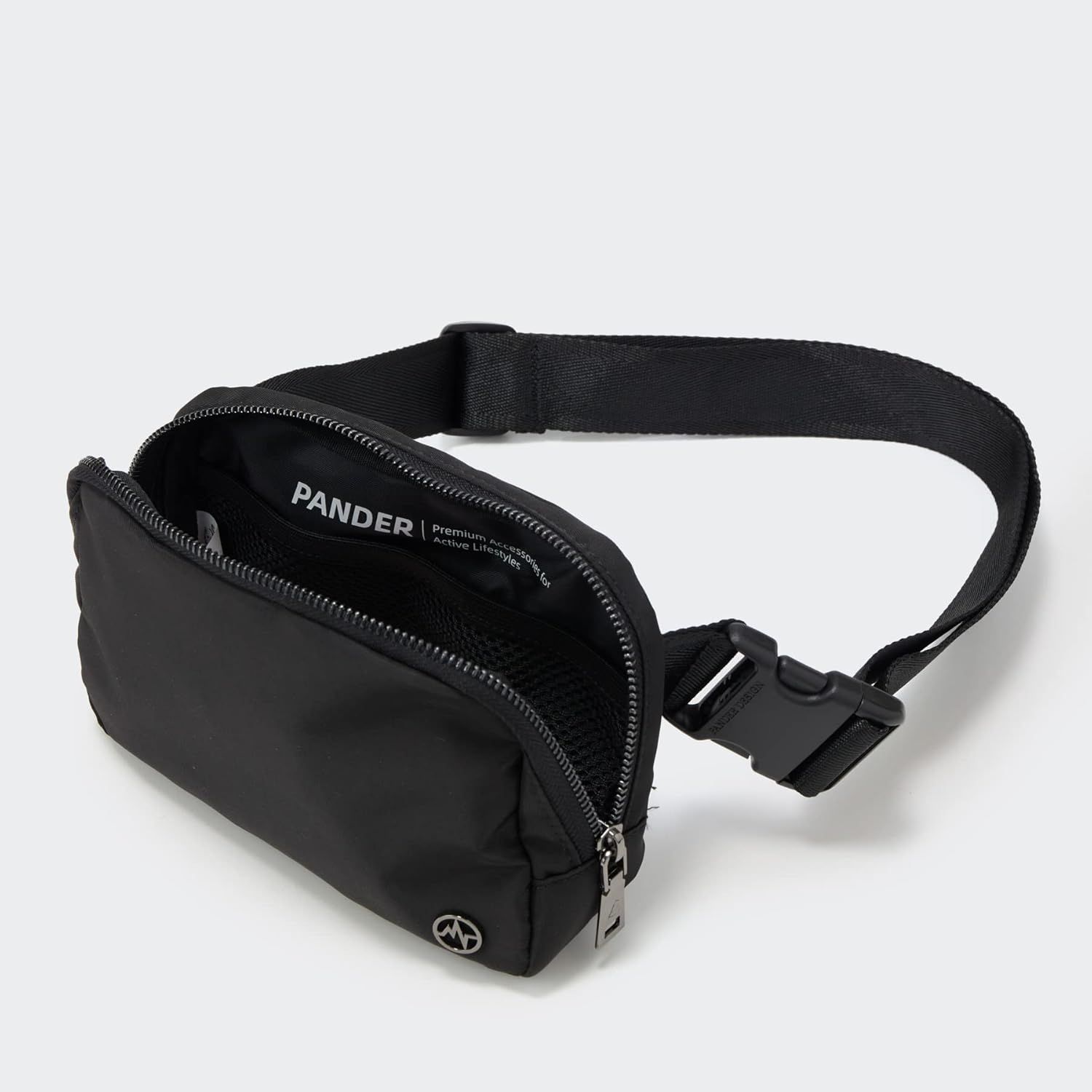 Provides a clean, catalog-style view of the black fanny pack product showing its design, zipper, adjustable strap, and brand logo without distractions.
