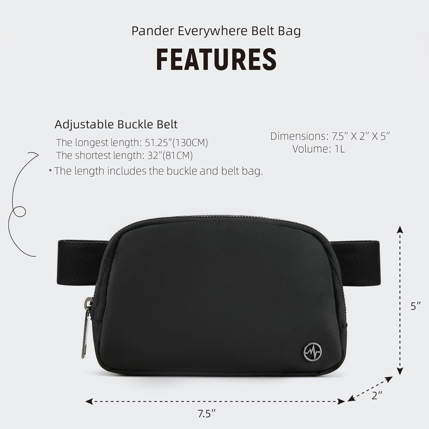 Communicates the exact physical dimensions (7.5" x 2" x 5") and volume (1L) of the belt bag, along with adjustable belt length specifications, to help shoppers understand the product's size and fit.