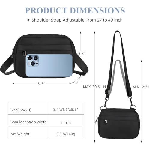Provides detailed physical measurements of the bag including dimensions, adjustable strap range, and weight to help shoppers understand the exact size and fit of the product.