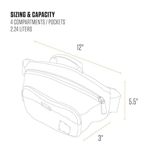 Communicates the exact physical dimensions of the bag (12" x 5.5" x 3") and its storage capacity (4 compartments/pockets, 2.24 liters) to help shoppers understand the product's size and storage…