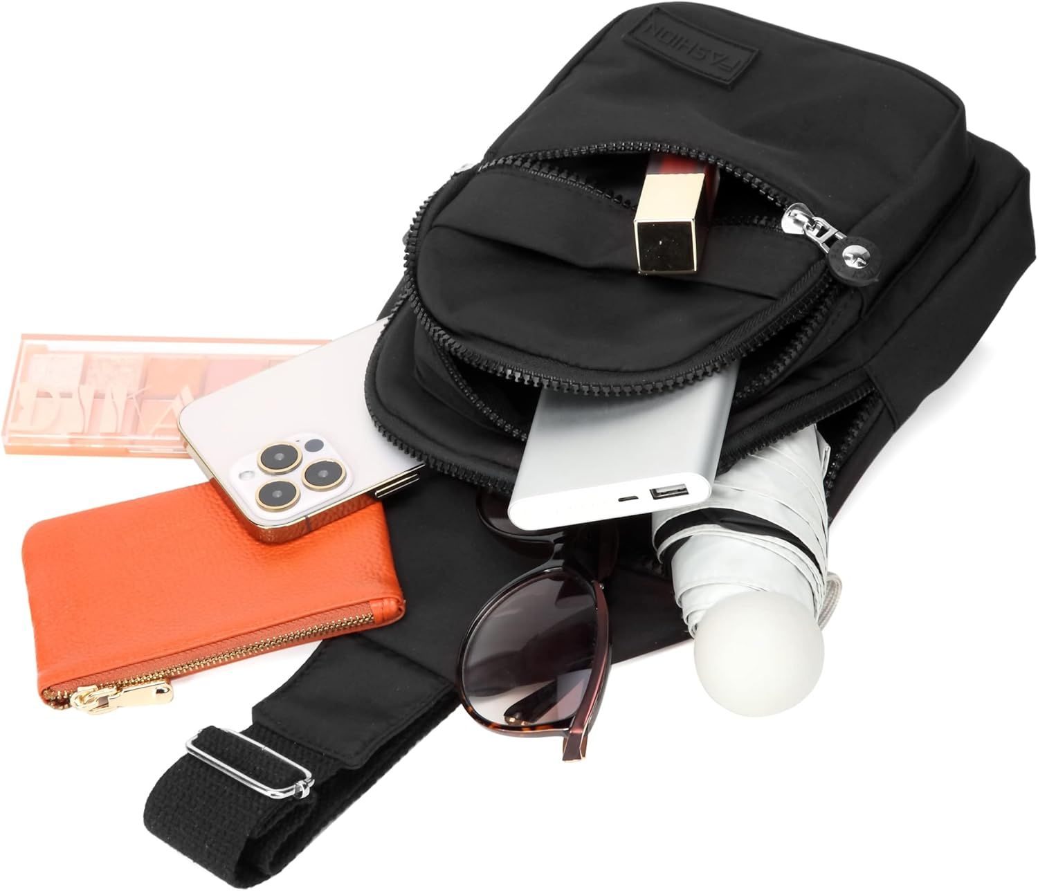 Shows everything included with the bag purchase to demonstrate value and help shoppers understand they are getting a complete travel solution with space for phone, camera, wallet, sunglasses, and…