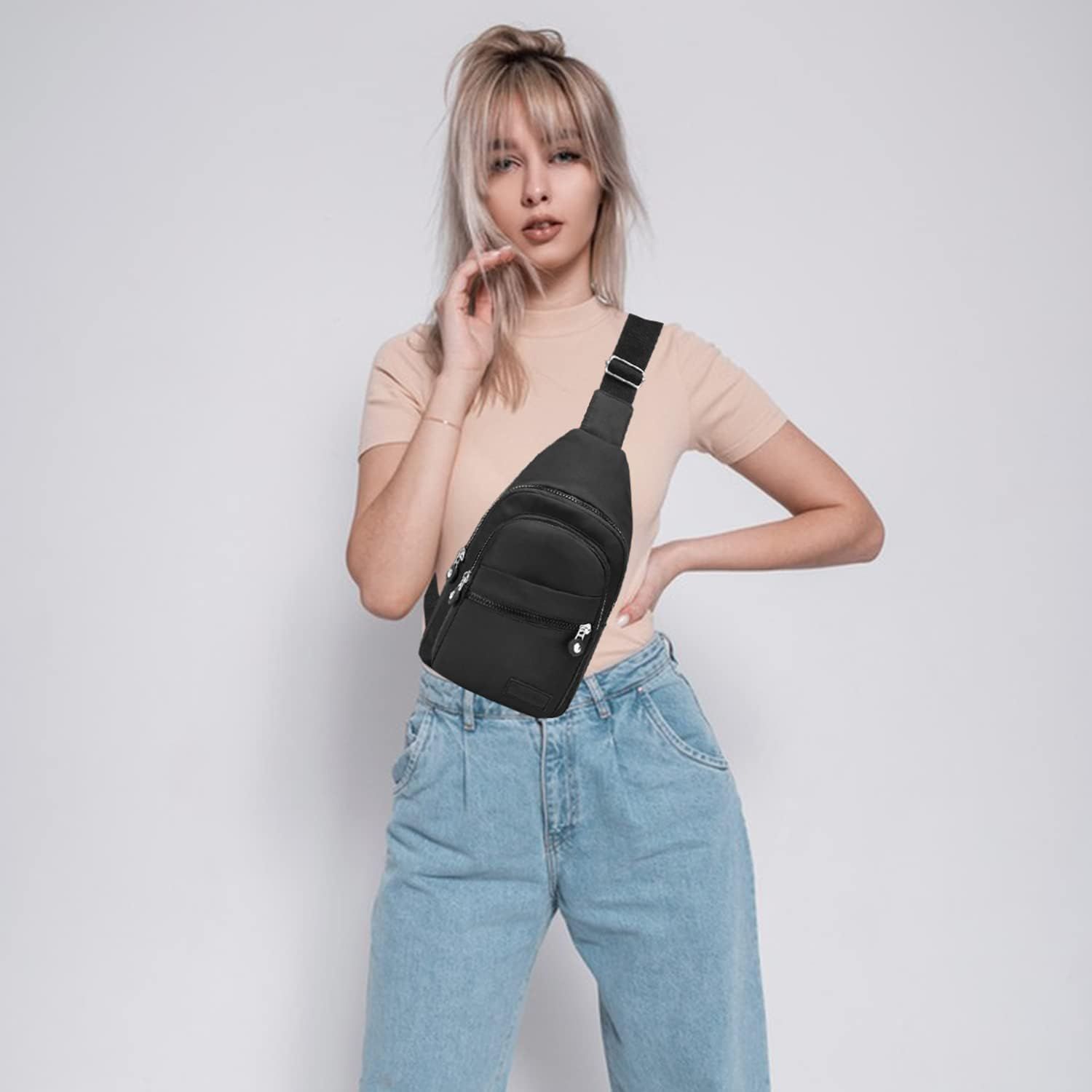 Demonstrates how the crossbody sling bag looks when worn in a casual, everyday lifestyle context to help shoppers visualize the product in use.