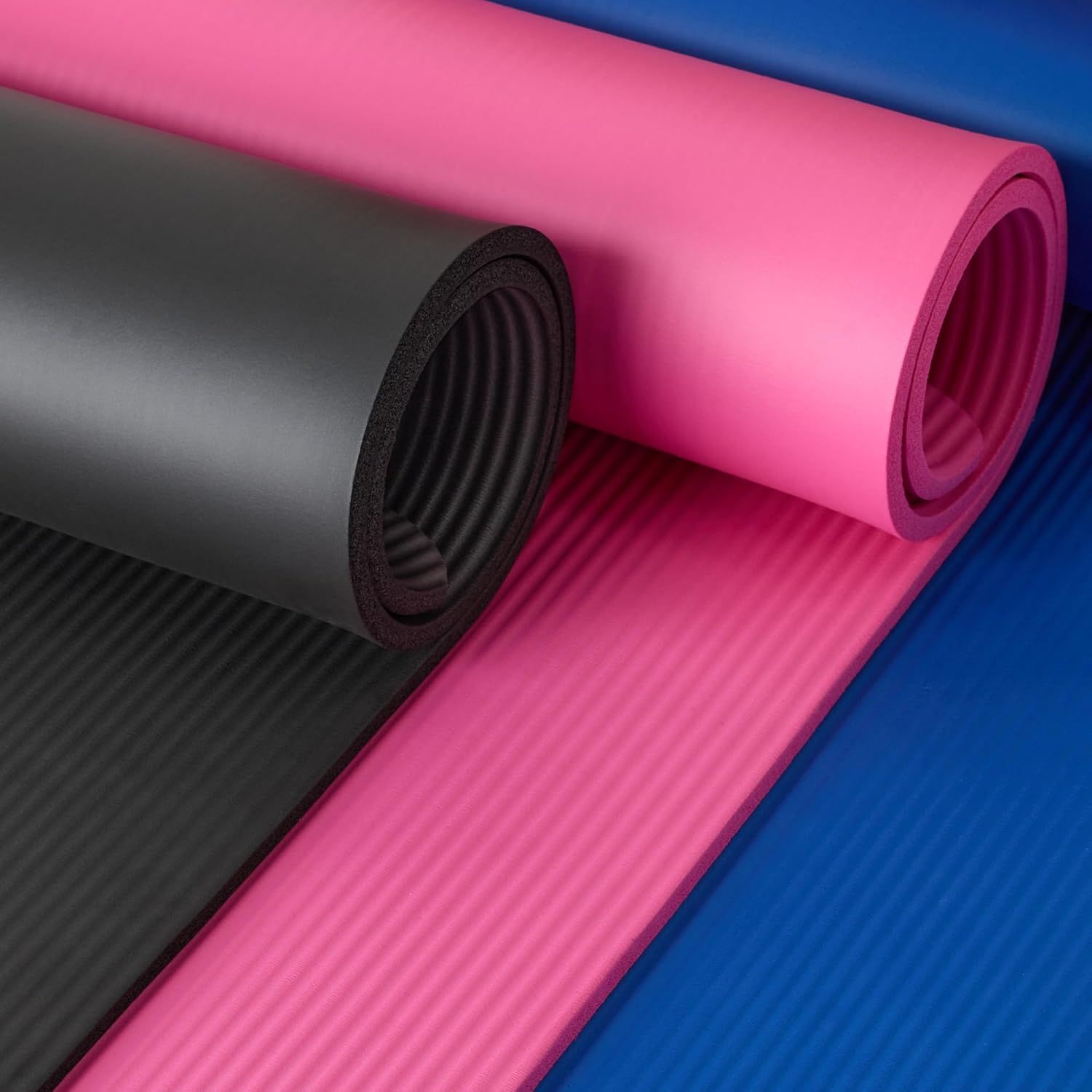 Showcases the brand's product lineup by displaying multiple color options available for the yoga mat, helping shoppers choose their preferred variant.