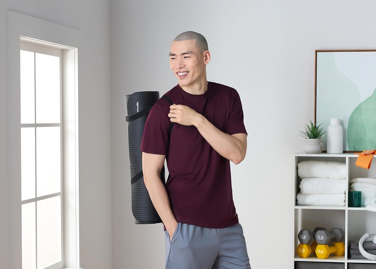 Demonstrates the product in a real-world home fitness setting to help shoppers visualize how it fits into their lifestyle and workout routine.