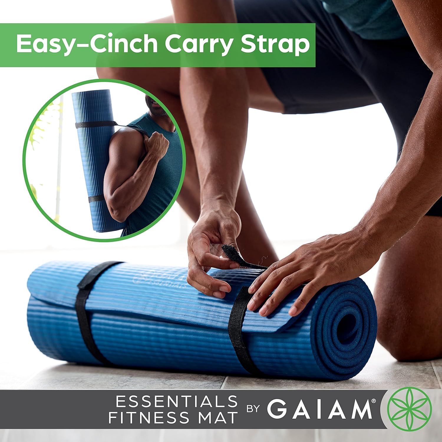 Demonstrates how to use the easy-cinch carry strap to secure and transport the yoga mat, showing the simple one-step process for rolling and carrying. Highlights the convenience of the carry strap…