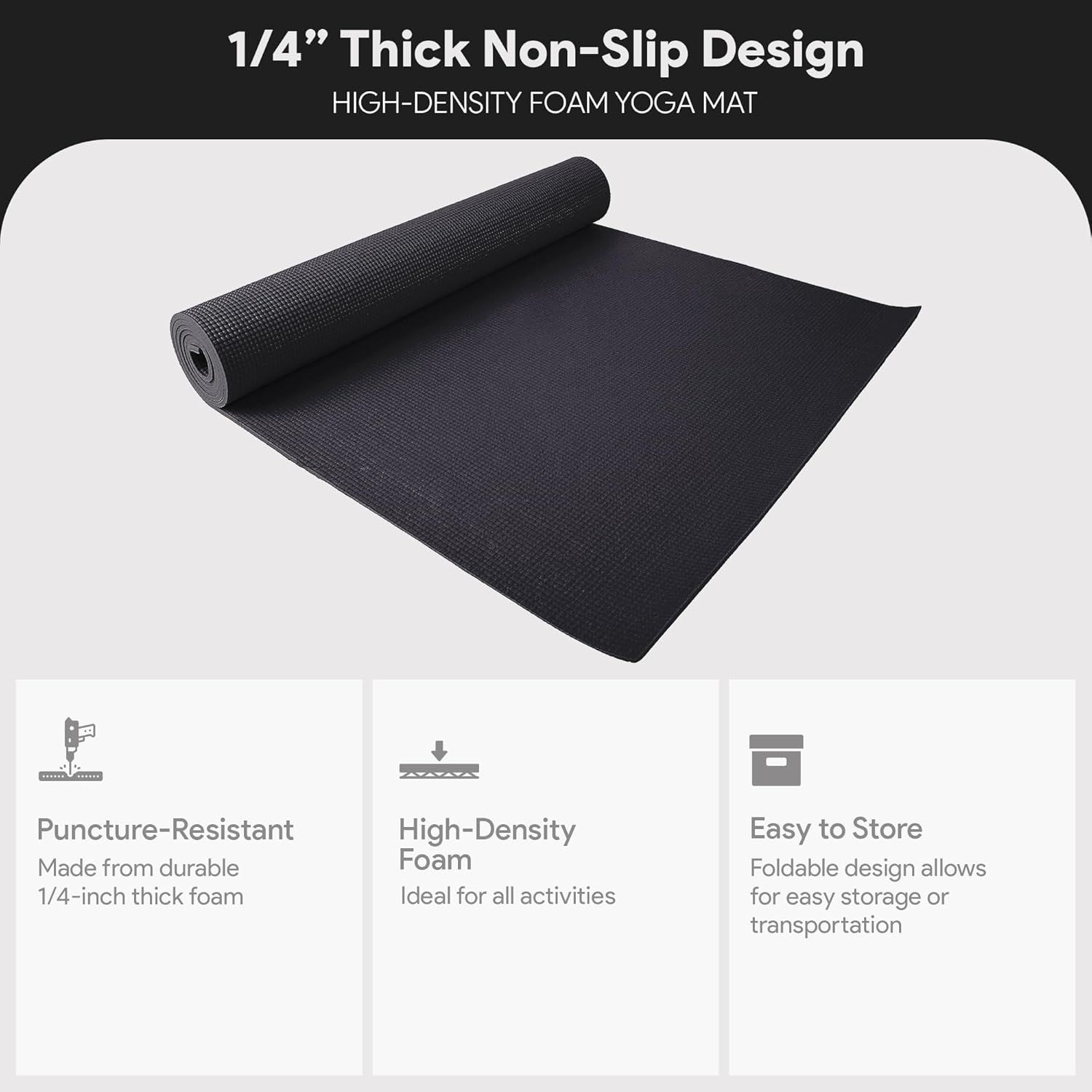 Communicates three distinct product benefits in a segmented layout: durability (puncture-resistant), material quality (high-density foam), and convenience (foldable storage).