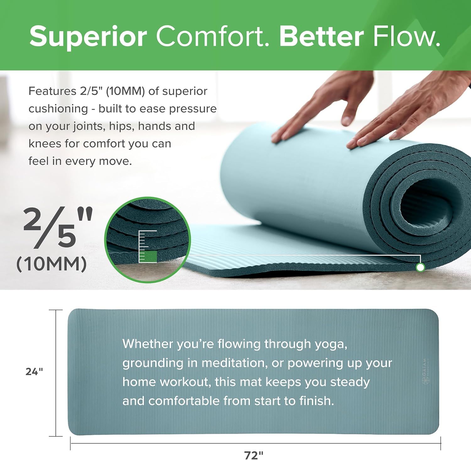 Communicates the exact physical dimensions and thickness of the yoga mat to help shoppers understand the size and cushioning depth they will receive. Highlights the mat's superior cushioning feature…