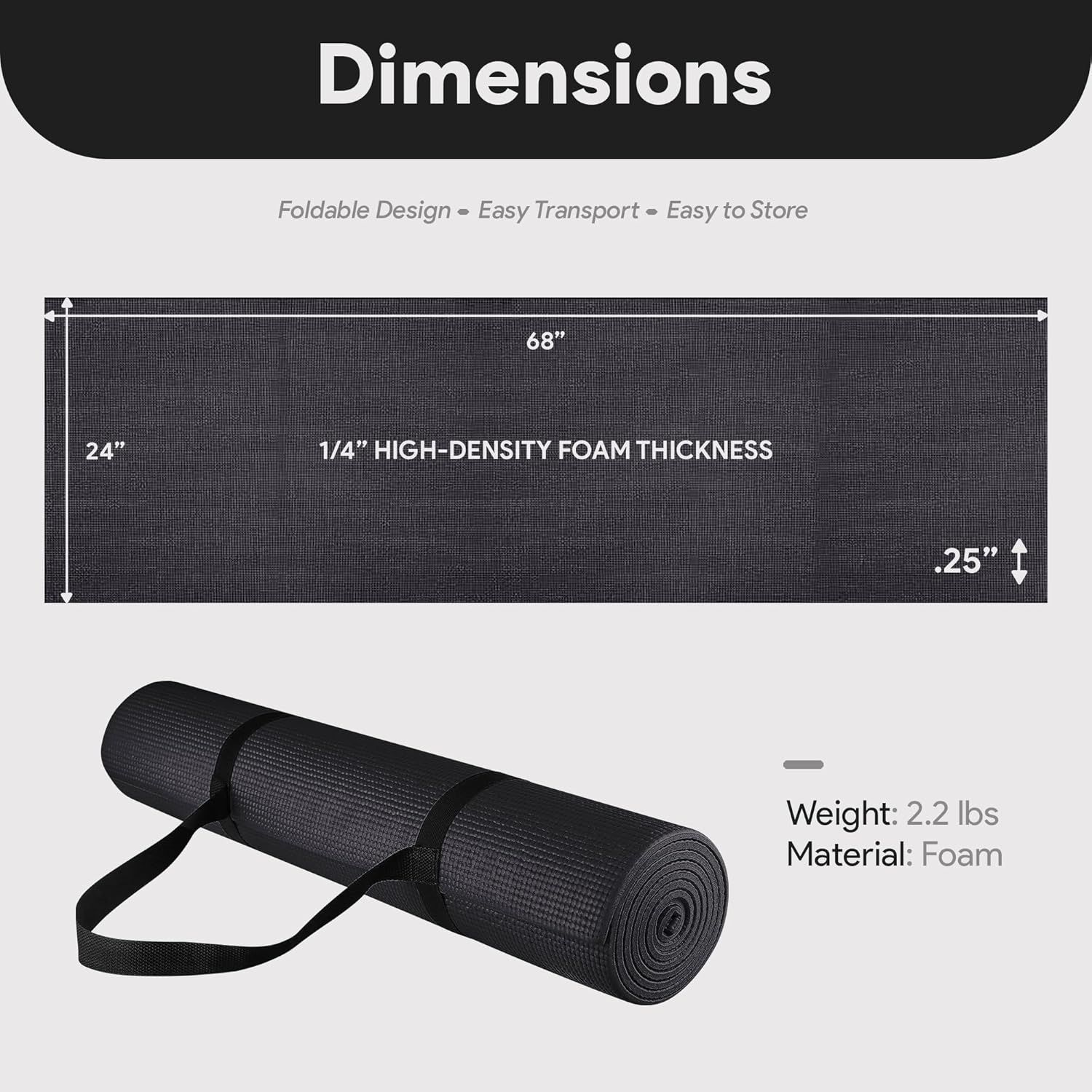 Communicates the exact physical measurements (68" x 24" x 0.25"), weight (2.2 lbs), and material (foam) of the yoga mat to help shoppers understand its size and portability, while also highlighting…