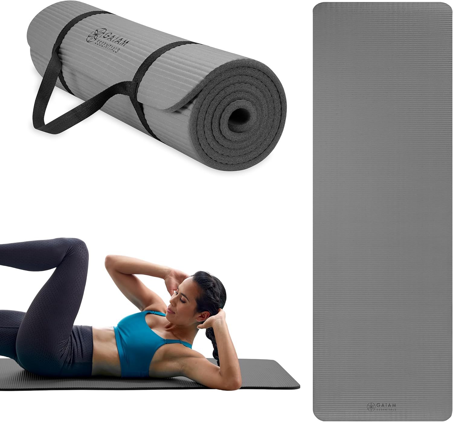 Demonstrates the mat's thick, cushioned construction to reassure shoppers that it provides comfortable support for yoga and exercise.
