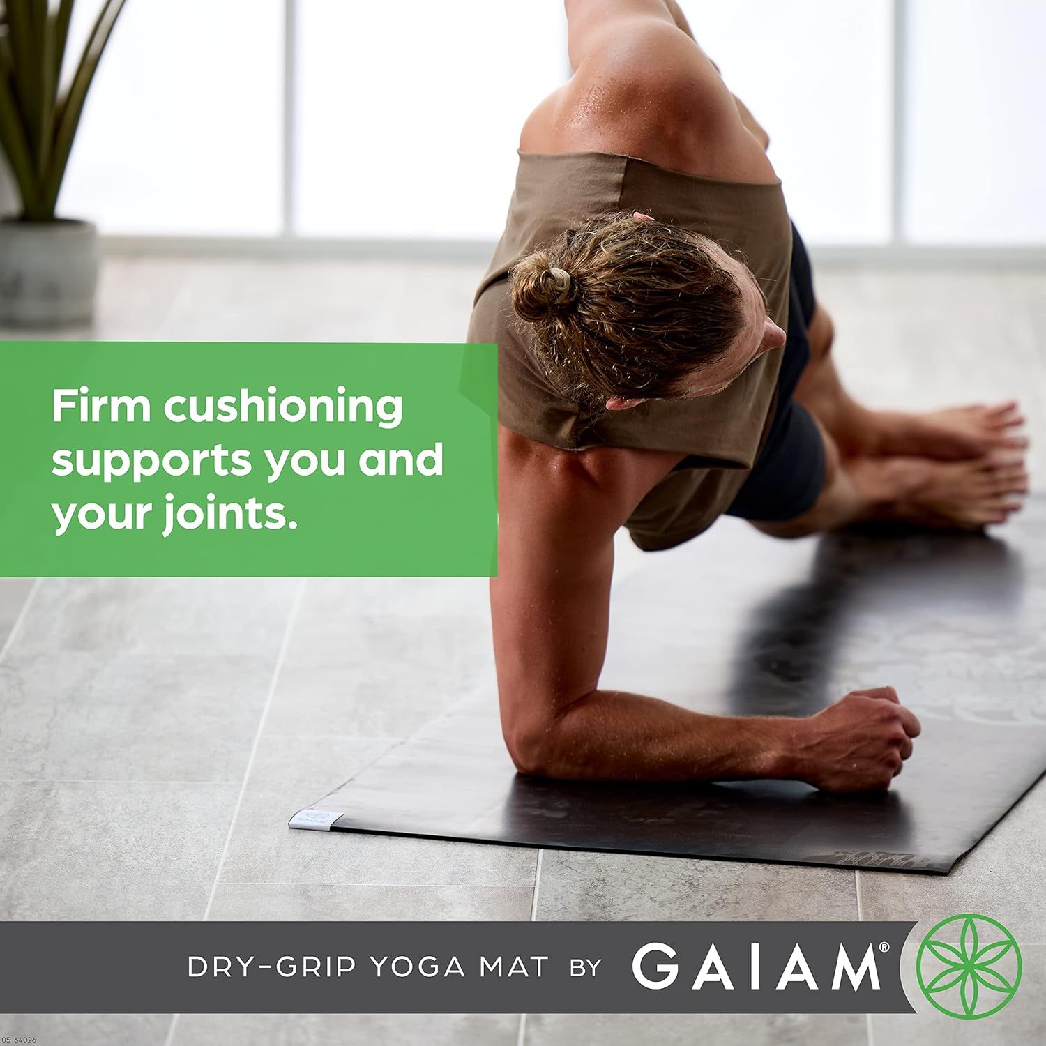 Communicates that the yoga mat provides firm cushioning that supports the user's body and joints during exercise, reassuring shoppers about comfort and safety during workouts.