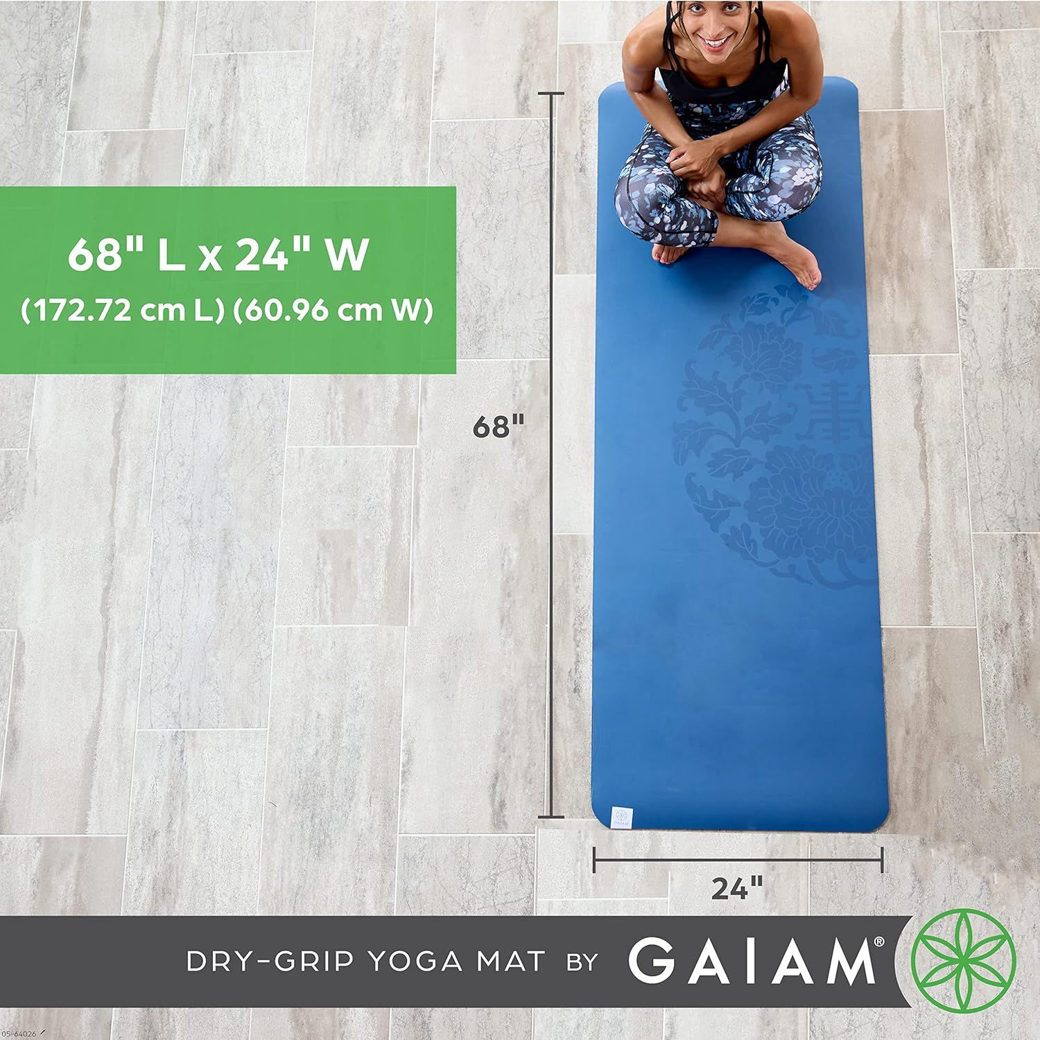 Communicates the exact physical dimensions of the yoga mat (68 inches by 24 inches) with visual measurement overlays and a person for scale, helping shoppers understand if the mat will fit their…
