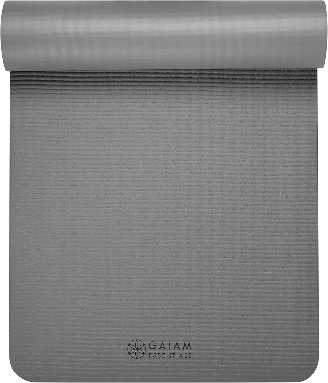 Displays the yoga mat in a clean, catalog-style presentation showing the product's texture, rolled form, and brand logo without distractions.