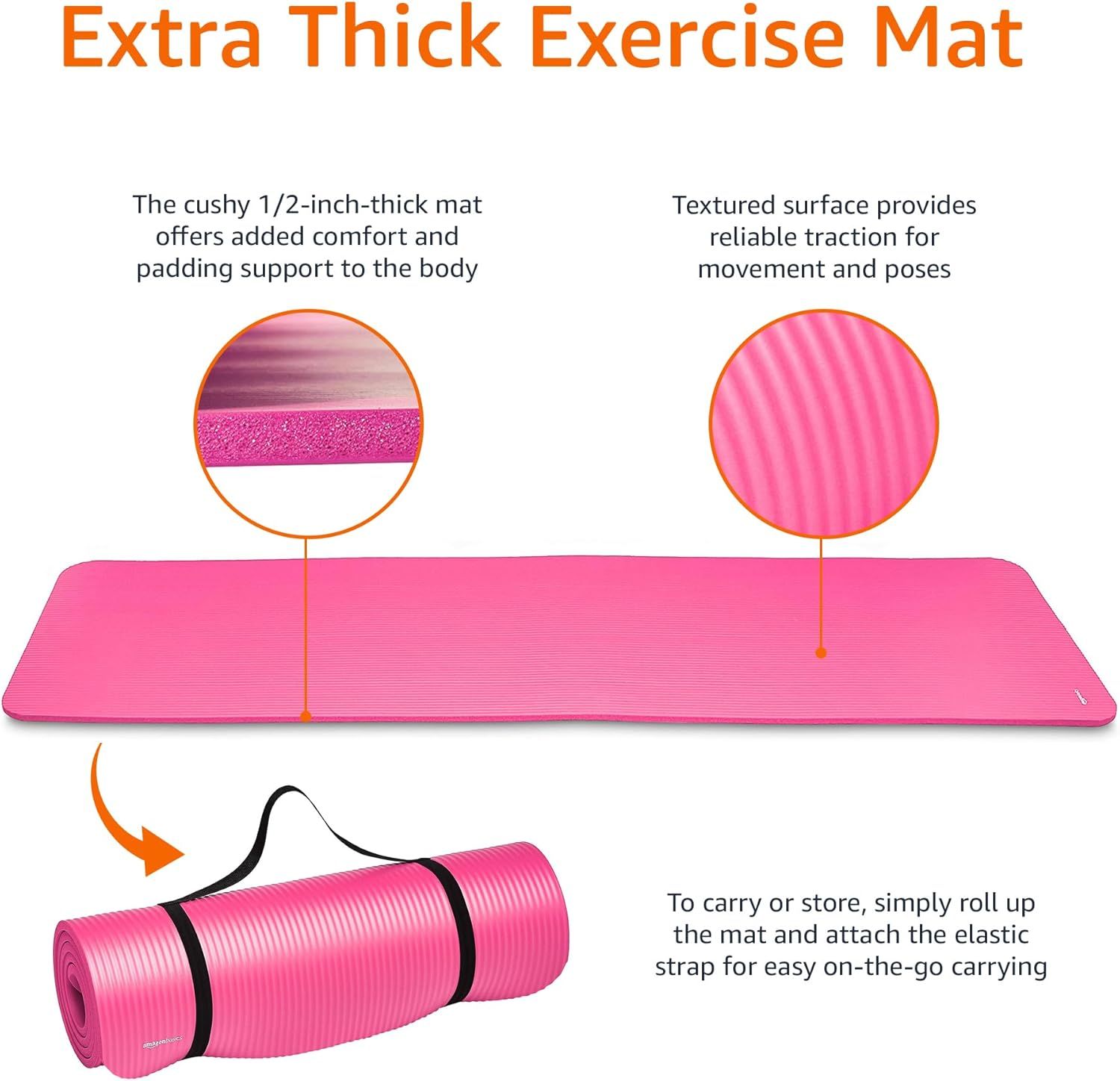 Breaks down the exercise mat's key physical features—thickness for comfort, textured surface for traction, and rollable portability—to help shoppers understand the product's construction and…