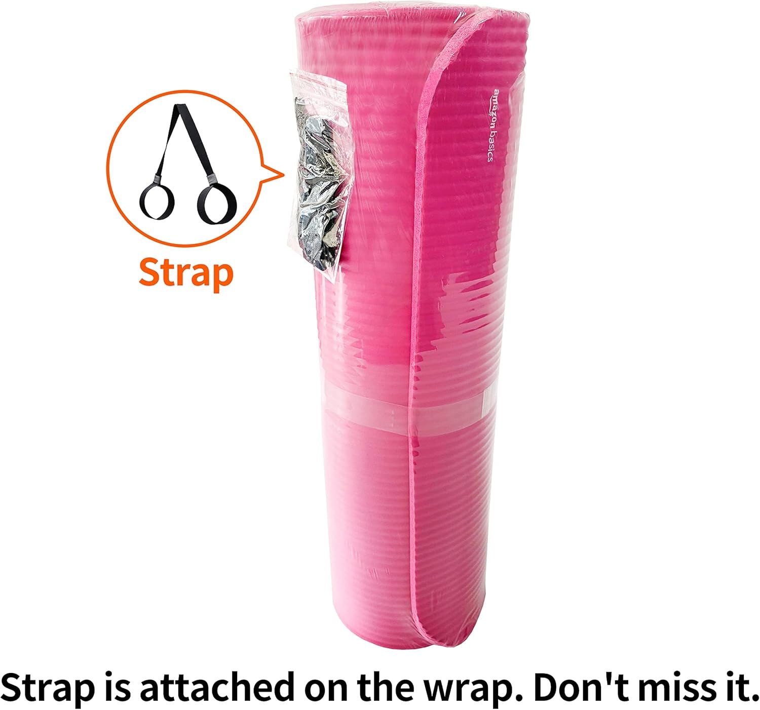 Highlights the built-in carrying strap feature on the yoga mat wrap to reassure shoppers of convenient portability and that this useful component is included. Communicates the convenience benefit of…