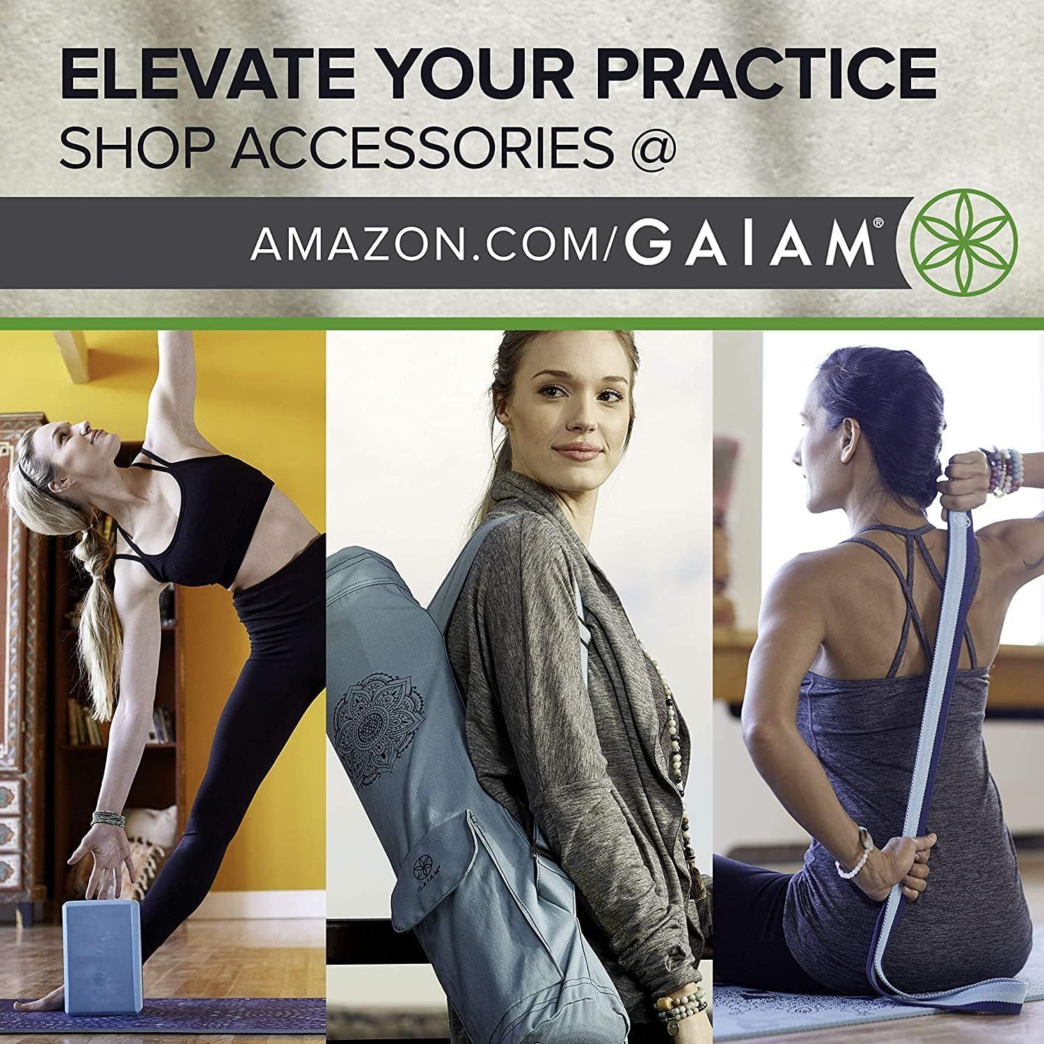 This image showcases the Gaiam brand's yoga and fitness accessories product line, directing shoppers to their Amazon storefront while establishing brand identity through lifestyle imagery and logo.