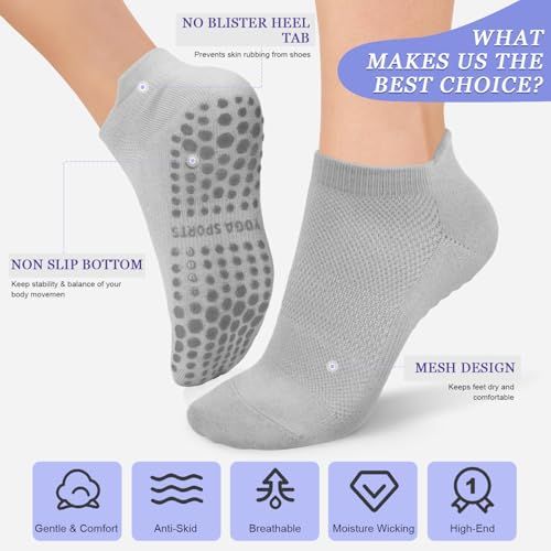 This image breaks down the physical features of the sock by pointing to specific design elements (heel tab, non-slip grip, mesh ventilation) to help shoppers understand the product's construction…