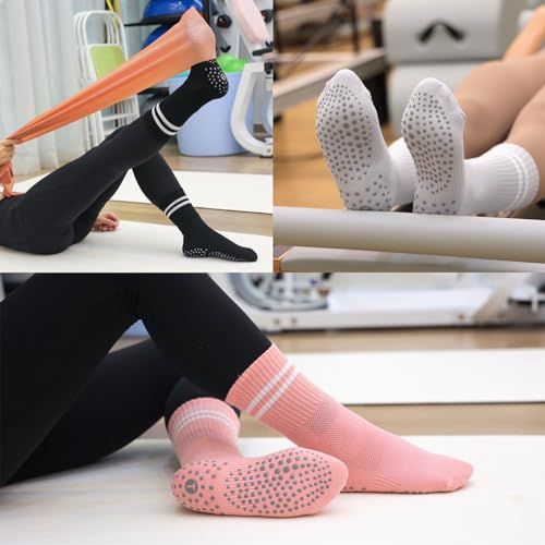 Demonstrates the product's versatility by showing the socks in multiple exercise scenarios, reassuring shoppers that they work for various fitness activities. Highlights the non-slip grip feature…