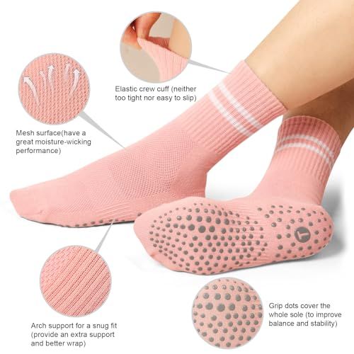 This image breaks down the physical components and construction features of the socks, highlighting the mesh surface for moisture-wicking, elastic cuff design, arch support, and grip dots for…