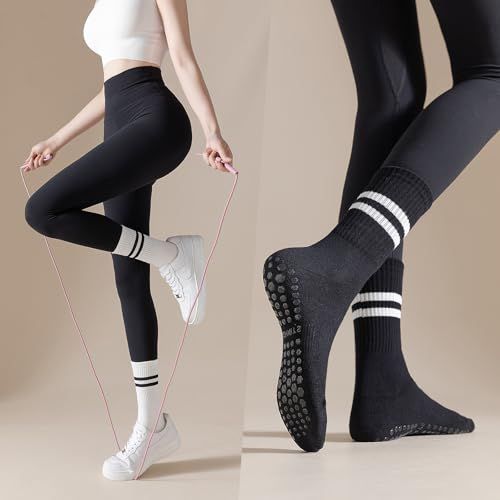 Showcases multiple product features including the non-slip grip sole technology and the athletic styling of the socks and leggings combination, demonstrating both functionality and fashion appeal.