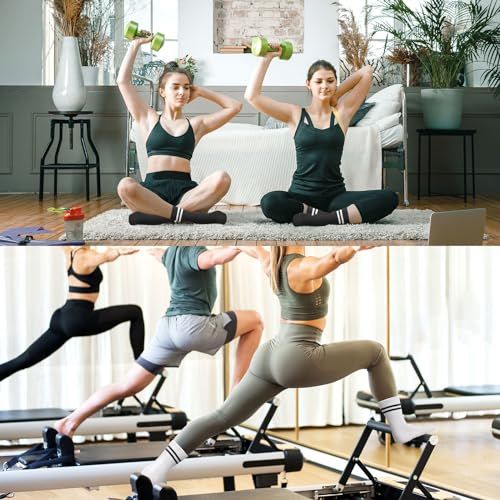 Demonstrates the product's versatility by showing two different workout applications—at-home floor exercises and Pilates reformer training—to communicate that it's suitable for multiple fitness…