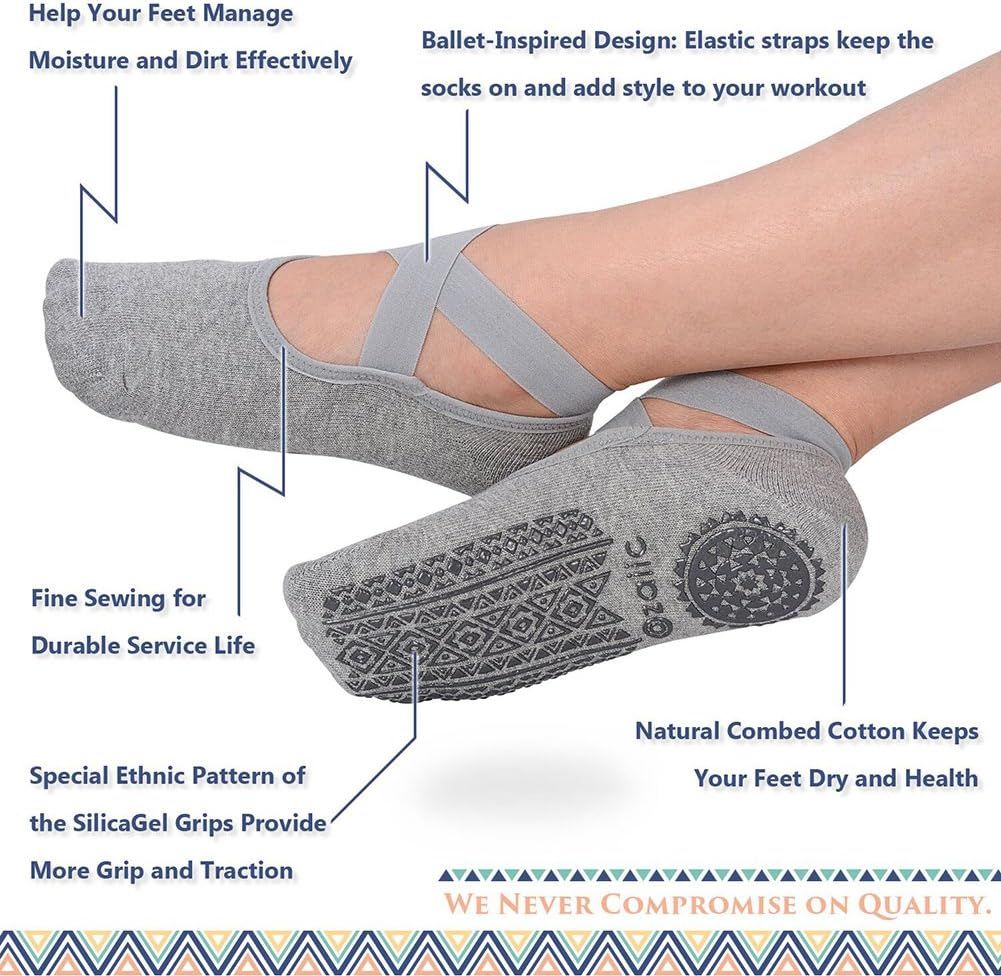 This image breaks down the key physical components and construction features of the yoga/workout socks to help shoppers understand what makes the product functional and well-designed. Communicates…