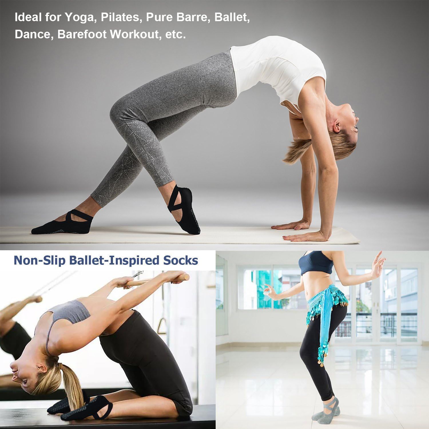Demonstrates the versatility of the non-slip ballet-inspired socks by showing them in use across multiple fitness activities and workout scenarios, reassuring shoppers that the product works for…