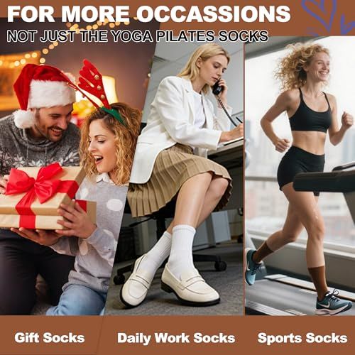 Demonstrates the versatility of the socks by showing three distinct usage scenarios—holiday gifting, professional work settings, and athletic activities—to communicate that the product is suitable…