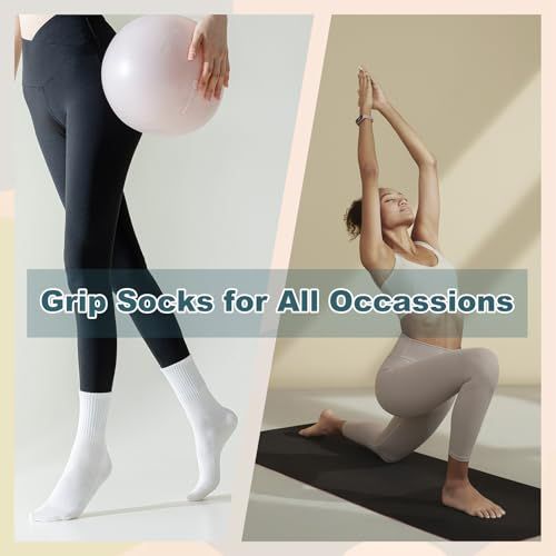 Demonstrates the product's versatility by showing grip socks being used in multiple scenarios (everyday wear and yoga/fitness), reassuring shoppers that the socks are suitable for various occasions…