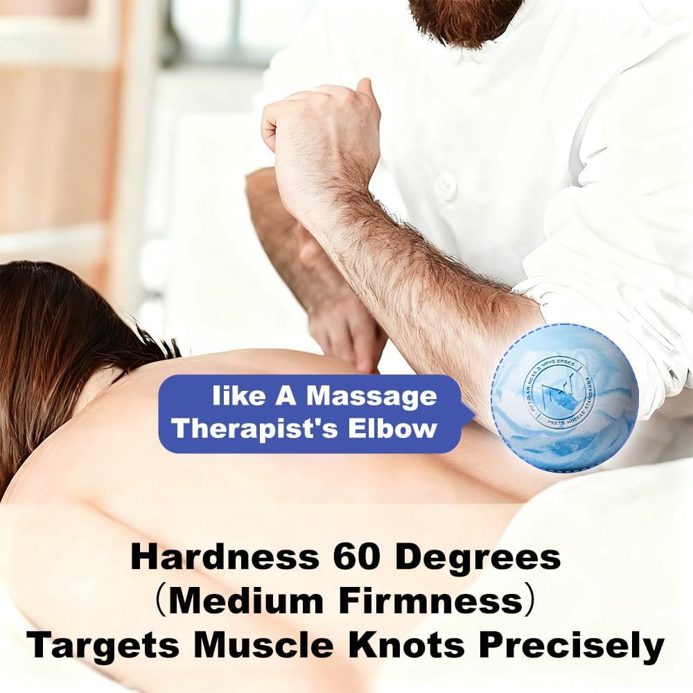 Communicates that the product offers massage therapist-level elbow pressure with medium firmness to effectively target muscle knots, reassuring shoppers of its therapeutic effectiveness.