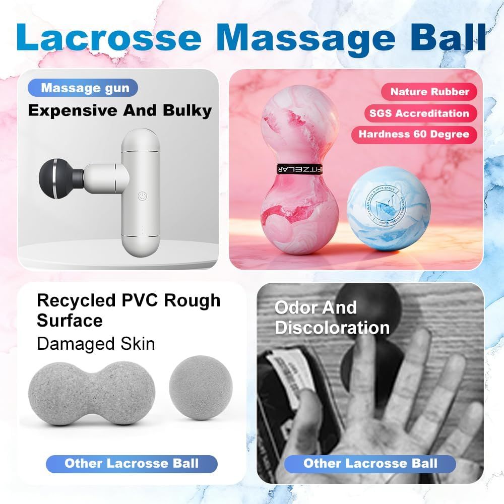 Compares the lacrosse massage ball against competing products (massage gun and other lacrosse balls) to demonstrate superiority in material quality, safety certifications, and lack of negative side…