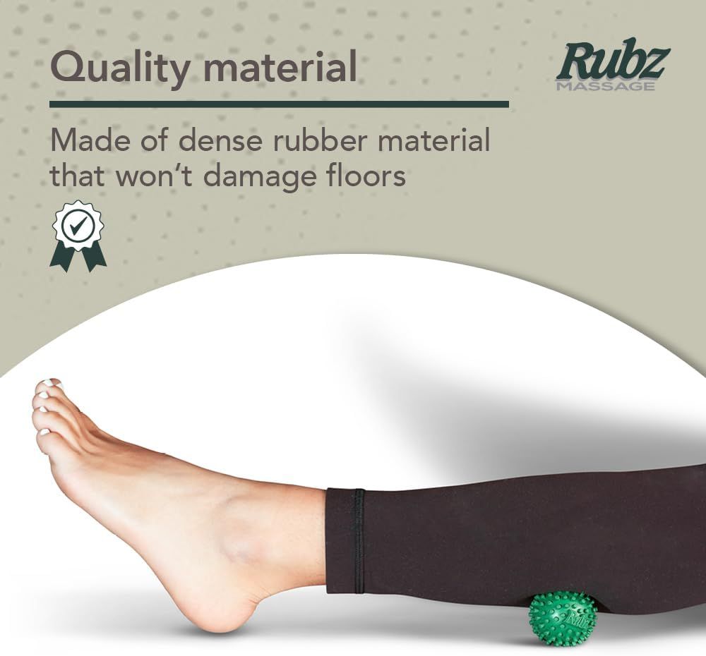 Communicates that the massage product is made of dense rubber material that won't damage floors, reassuring shoppers about both product quality and home safety.