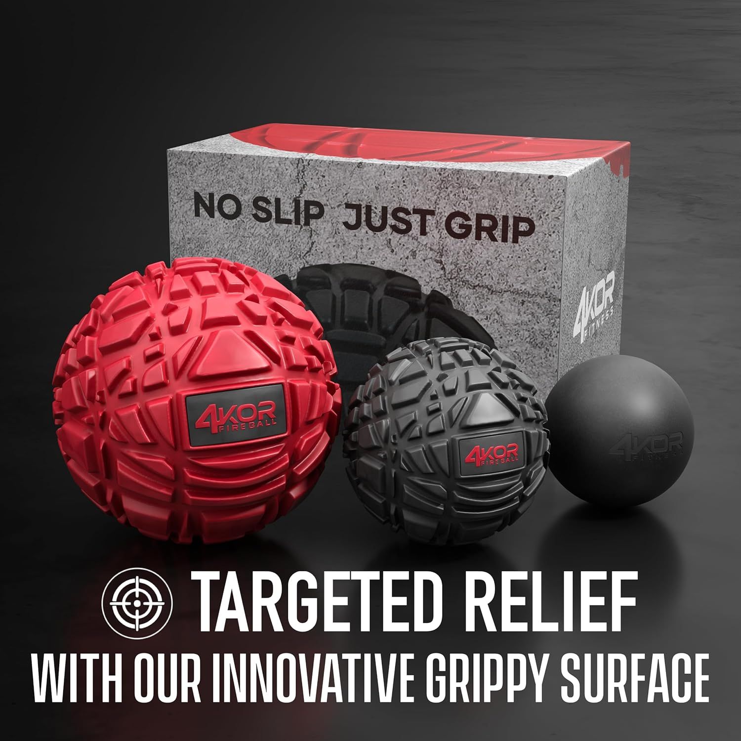 Highlights the product's innovative grippy surface texture that provides targeted relief and prevents slipping during use.