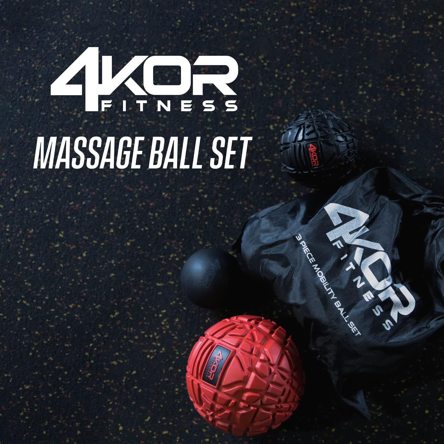 Shows the customer everything included in the massage ball set purchase: three different massage balls and a branded carrying bag for convenient storage and portability.