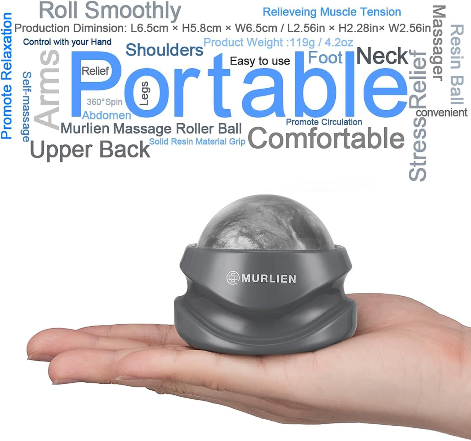 Communicates multiple key benefits of the massage roller ball including portability, comfort, muscle tension relief, ease of use, and versatility across different body areas to convince shoppers of…